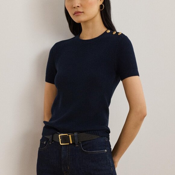 Lauren Ralph Lauren Button-Trim Cotton Short-Sleeve Sweater Navy NWT XL - Picture 1 of 5